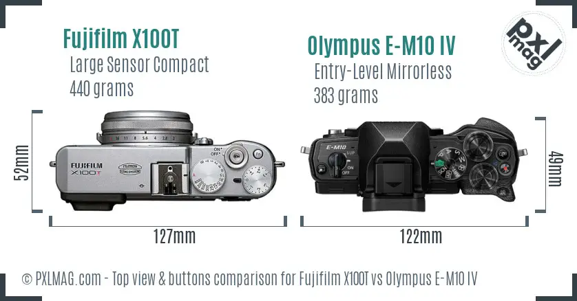 Fujifilm X100T vs Olympus E-M10 IV top view buttons comparison Fujifilm X100T vs Olympus E-M10 IV top view buttons comparison