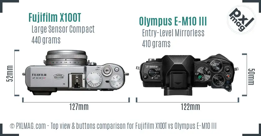 Fujifilm X100T vs Olympus E-M10 III top view buttons comparison Fujifilm X100T vs Olympus E-M10 III top view buttons comparison