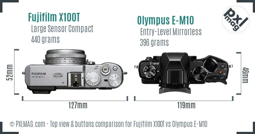 Fujifilm X100T vs Olympus E-M10 top view buttons comparison Fujifilm X100T vs Olympus E-M10 top view buttons comparison