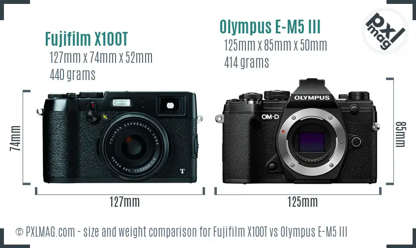 Fujifilm X100T vs Olympus E-M5 III size comparison