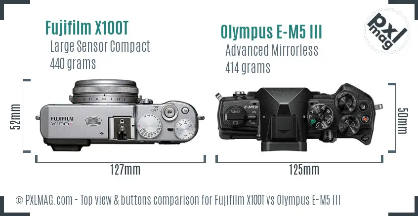 Fujifilm X100T vs Olympus E-M5 III top view buttons comparison
