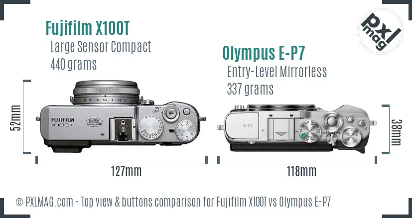 Fujifilm X100T vs Olympus E-P7 top view buttons comparison Fujifilm X100T vs Olympus E-P7 top view buttons comparison