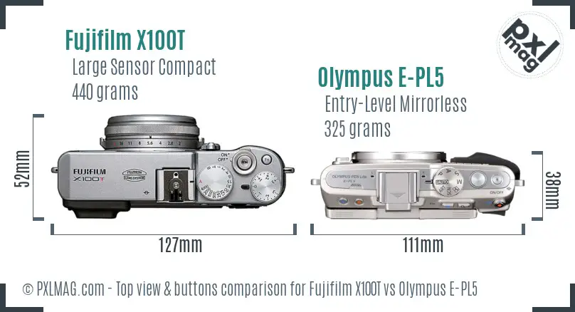 Fujifilm X100T vs Olympus E-PL5 top view buttons comparison