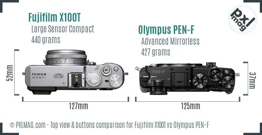 Fujifilm X100T vs Olympus PEN-F top view buttons comparison Fujifilm X100T vs Olympus PEN-F top view buttons comparison