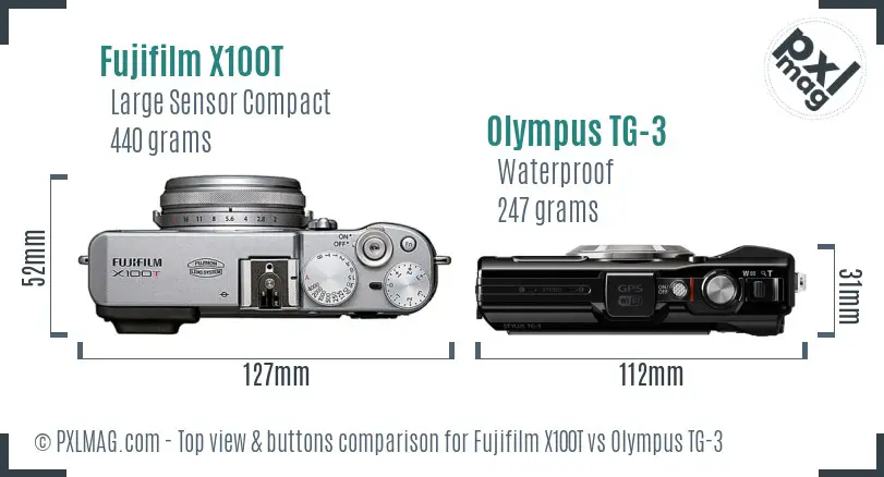 Fujifilm X100T vs Olympus TG-3 top view buttons comparison Fujifilm X100T vs Olympus TG-3 top view buttons comparison
