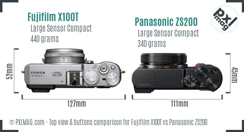Fujifilm X100T vs Panasonic ZS200 top view buttons comparison