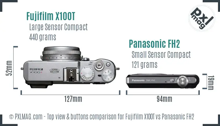 Fujifilm X100T vs Panasonic FH2 top view buttons comparison