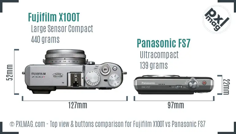 Fujifilm X100T vs Panasonic FS7 top view buttons comparison Fujifilm X100T vs Panasonic FS7 top view buttons comparison
