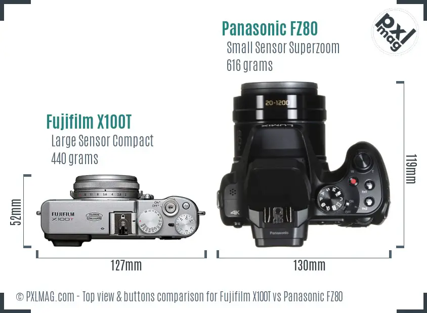 Fujifilm X100T vs Panasonic FZ80 top view buttons comparison Fujifilm X100T vs Panasonic FZ80 top view buttons comparison