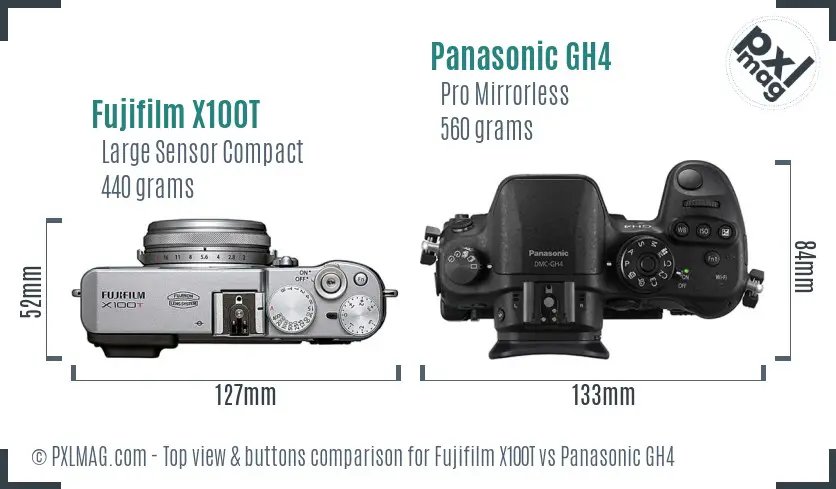 Fujifilm X100T vs Panasonic GH4 top view buttons comparison