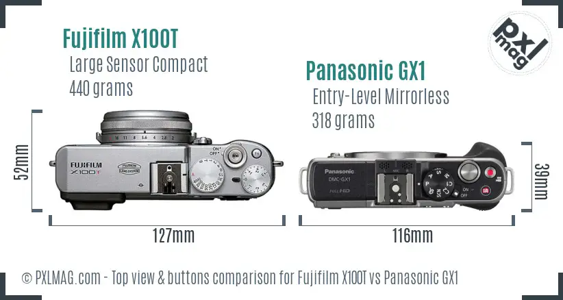 Fujifilm X100T vs Panasonic GX1 top view buttons comparison Fujifilm X100T vs Panasonic GX1 top view buttons comparison
