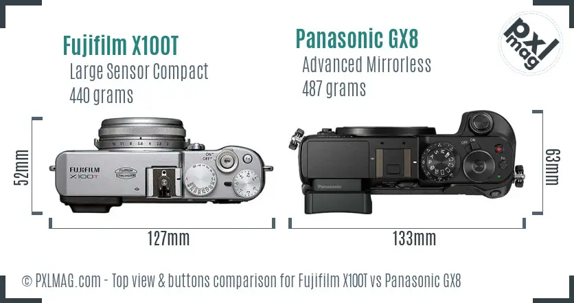 Fujifilm X100T vs Panasonic GX8 top view buttons comparison Fujifilm X100T vs Panasonic GX8 top view buttons comparison