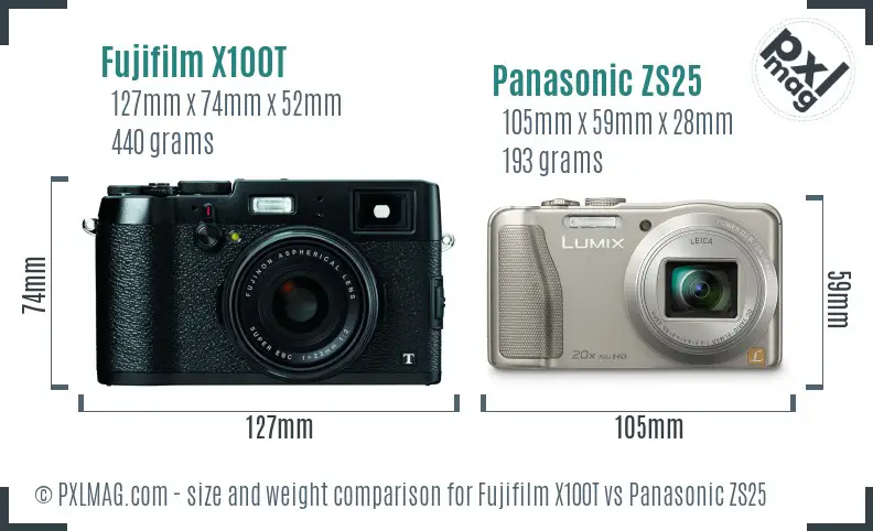 Fujifilm X100T vs Panasonic ZS25 size comparison