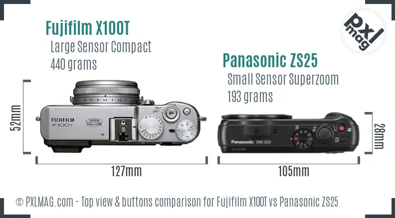 Fujifilm X100T vs Panasonic ZS25 top view buttons comparison