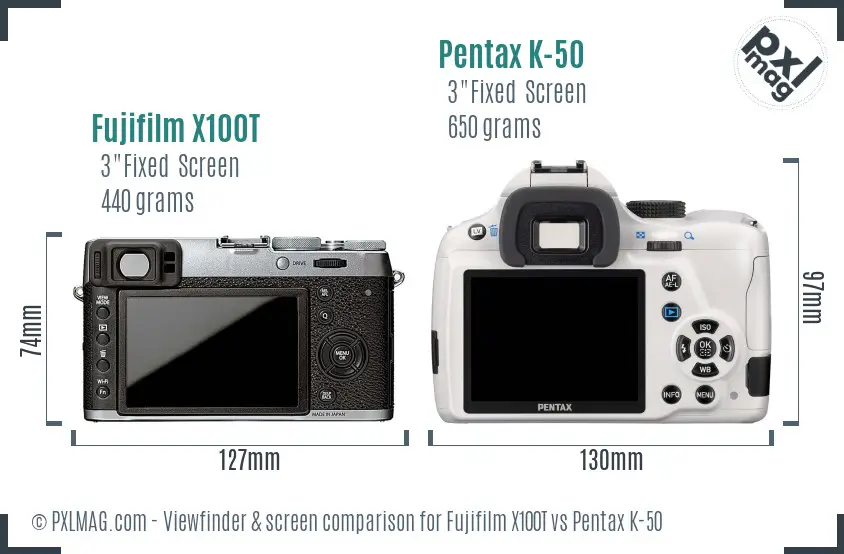 Fujifilm X100T vs Pentax K-50 Screen and Viewfinder comparison