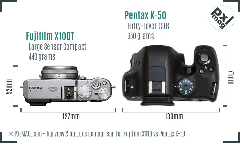 Fujifilm X100T vs Pentax K-50 top view buttons comparison
