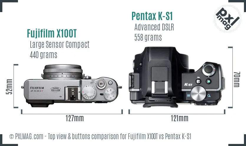 Fujifilm X100T vs Pentax K-S1 top view buttons comparison