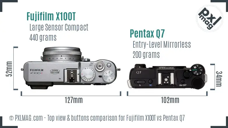 Fujifilm X100T vs Pentax Q7 top view buttons comparison