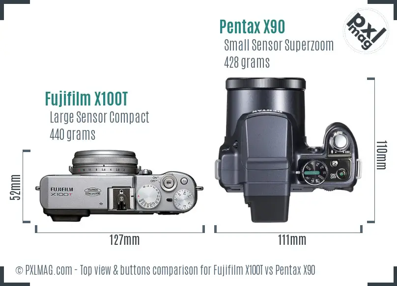 Fujifilm X100T vs Pentax X90 top view buttons comparison