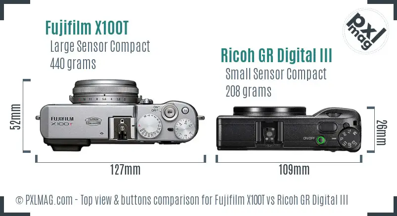 Fujifilm X100T vs Ricoh GR Digital III top view buttons comparison Fujifilm X100T vs Ricoh GR Digital III top view buttons comparison