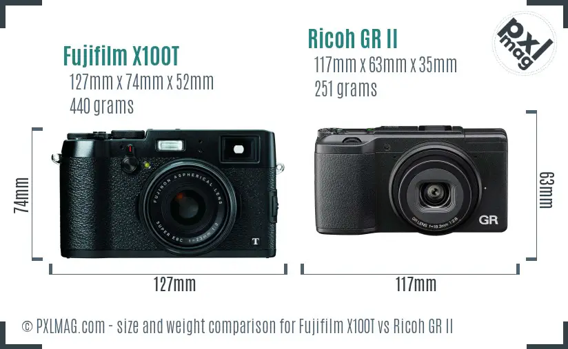 Fujifilm X100T vs Ricoh GR II size comparison