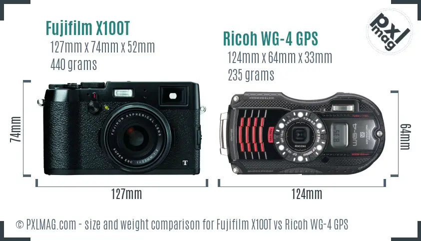 Fujifilm X100T vs Ricoh WG-4 GPS size comparison