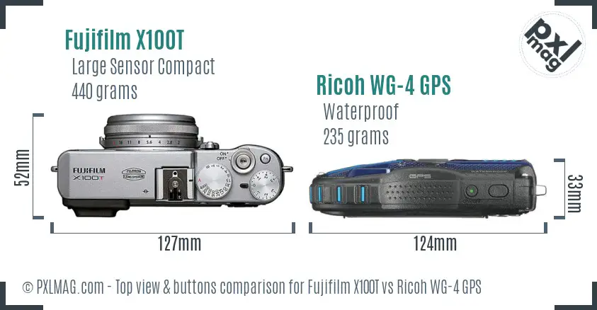 Fujifilm X100T vs Ricoh WG-4 GPS top view buttons comparison
