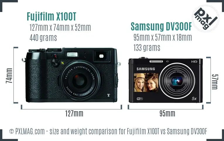Fujifilm X100T vs Samsung DV300F size comparison