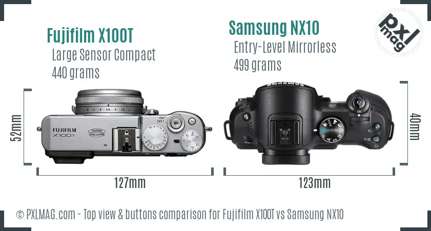 Fujifilm X100T vs Samsung NX10 top view buttons comparison