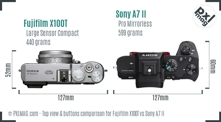 Fujifilm X100T vs Sony A7 II top view buttons comparison Fujifilm X100T vs Sony A7 II top view buttons comparison
