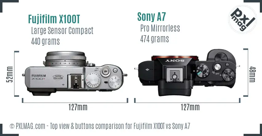 Fujifilm X100T vs Sony A7 top view buttons comparison Fujifilm X100T vs Sony A7 top view buttons comparison