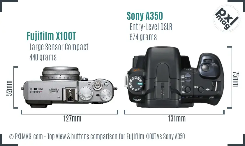 Fujifilm X100T vs Sony A350 top view buttons comparison Fujifilm X100T vs Sony A350 top view buttons comparison