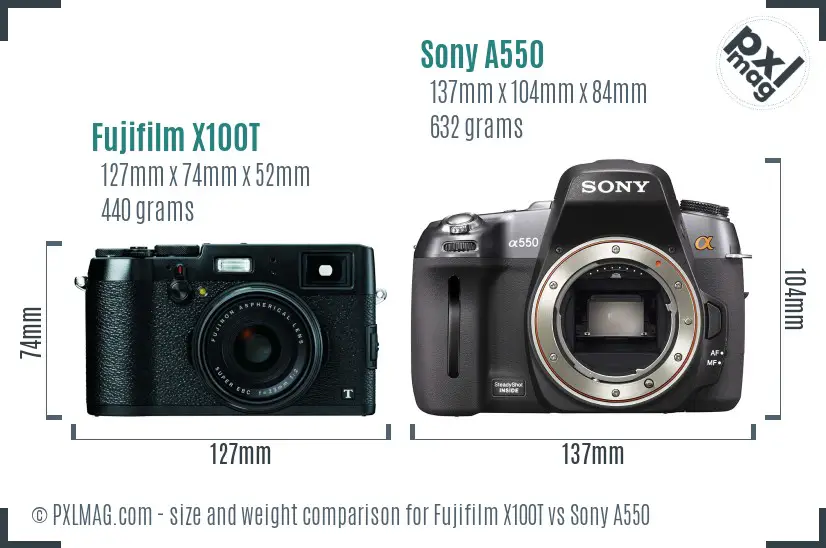 Fujifilm X100T vs Sony A550 size comparison
