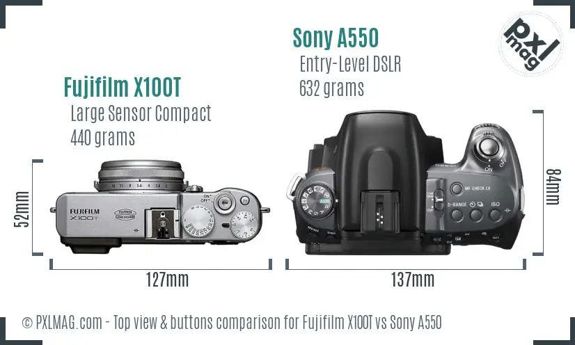 Fujifilm X100T vs Sony A550 top view buttons comparison