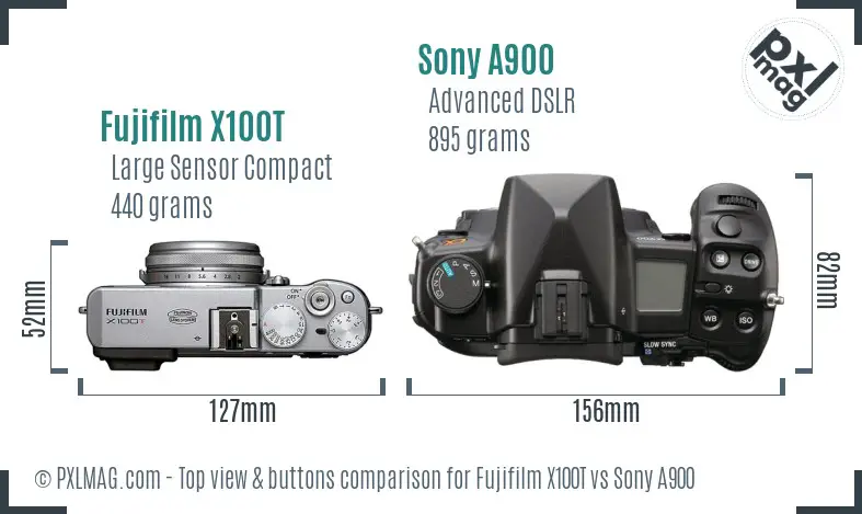 Fujifilm X100T vs Sony A900 top view buttons comparison Fujifilm X100T vs Sony A900 top view buttons comparison