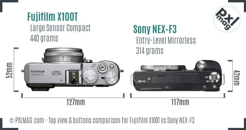 Fujifilm X100T vs Sony NEX-F3 top view buttons comparison Fujifilm X100T vs Sony NEX-F3 top view buttons comparison