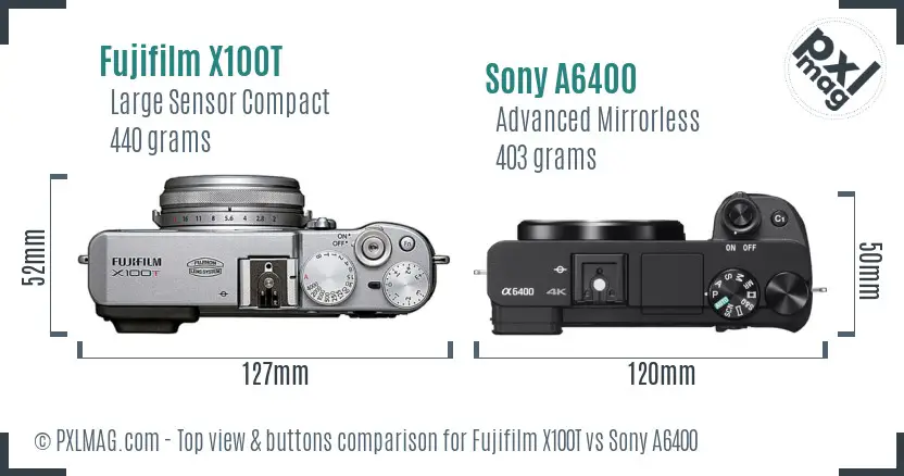 Fujifilm X100T vs Sony A6400 top view buttons comparison