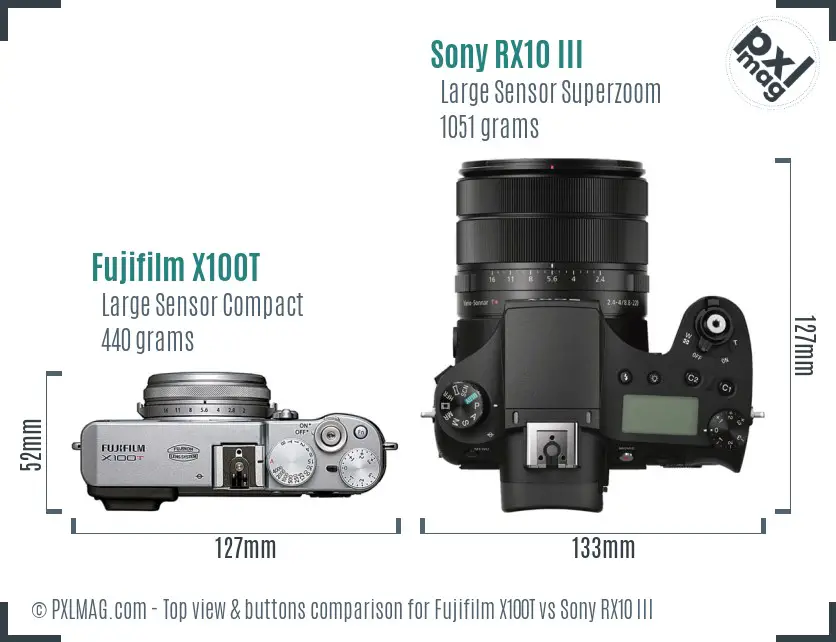 Fujifilm X100T vs Sony RX10 III top view buttons comparison Fujifilm X100T vs Sony RX10 III top view buttons comparison