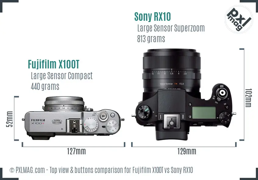 Fujifilm X100T vs Sony RX10 top view buttons comparison Fujifilm X100T vs Sony RX10 top view buttons comparison