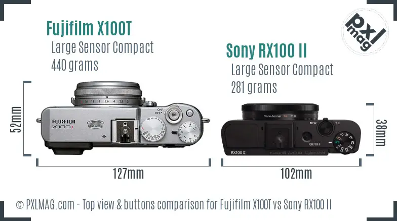 Fujifilm X100T vs Sony RX100 II top view buttons comparison