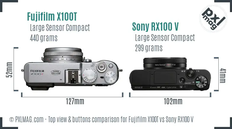 Fujifilm X100T vs Sony RX100 V top view buttons comparison