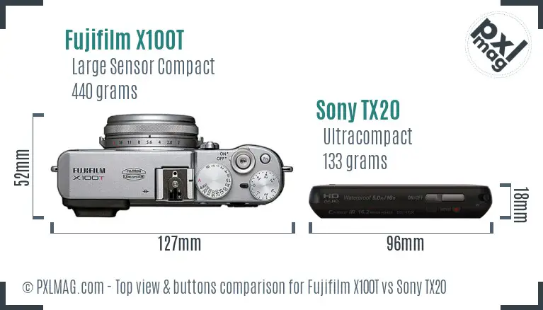Fujifilm X100T vs Sony TX20 top view buttons comparison