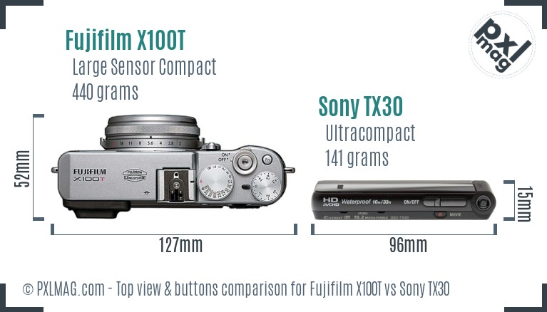 Fujifilm X100T vs Sony TX30 top view buttons comparison