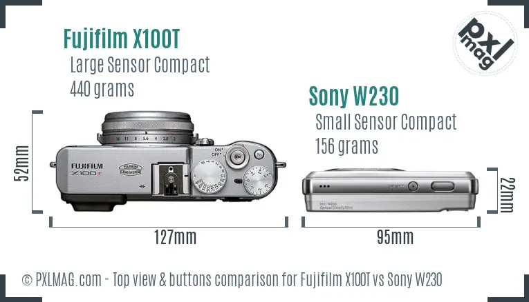 Fujifilm X100T vs Sony W230 top view buttons comparison