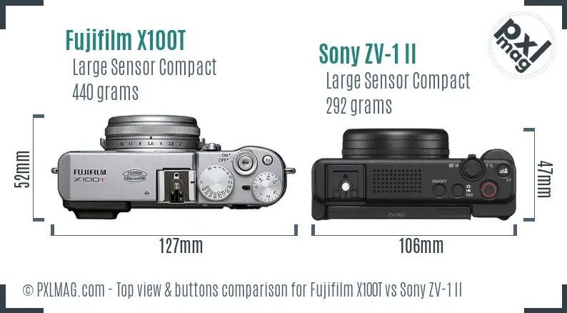 Fujifilm X100T vs Sony ZV-1 II top view buttons comparison