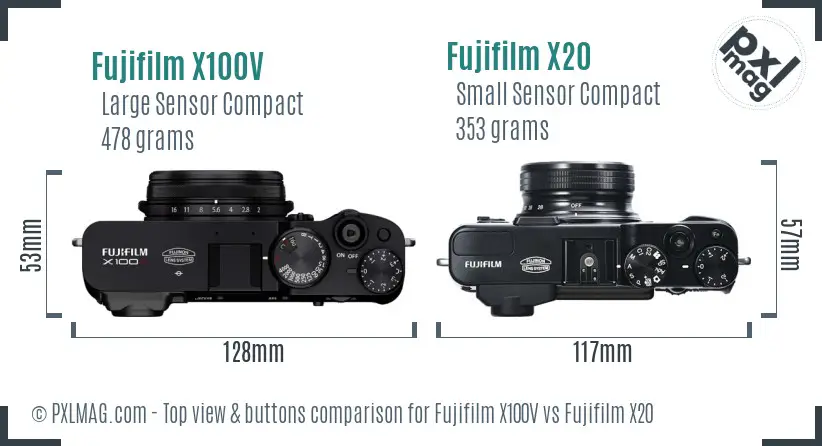 Fujifilm X100V vs Fujifilm X20 top view buttons comparison Fujifilm X100V vs Fujifilm X20 top view buttons comparison