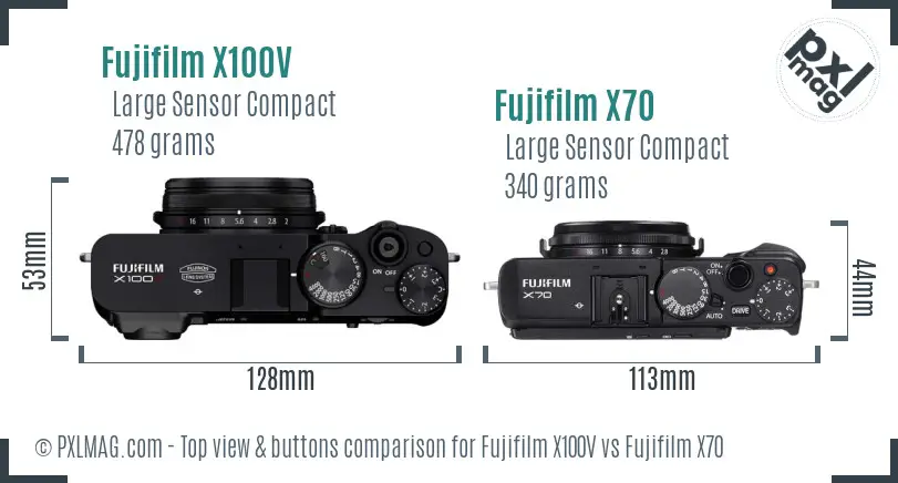 Fujifilm X100V vs Fujifilm X70 top view buttons comparison