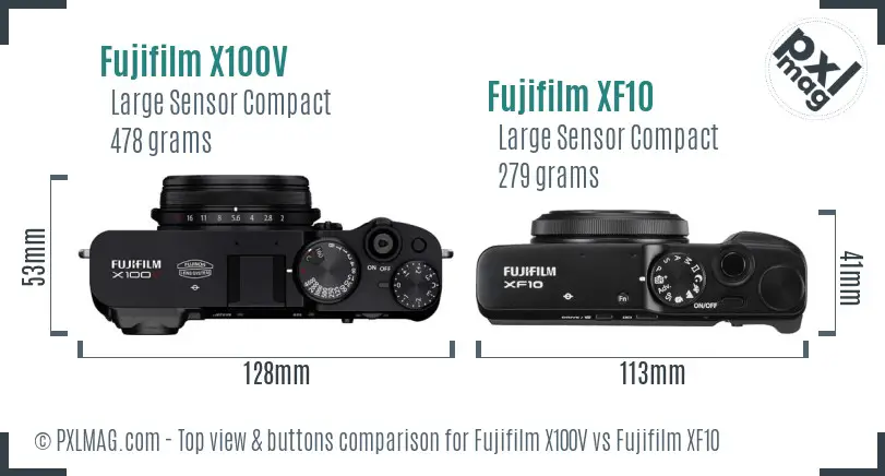 Fujifilm X100V vs Fujifilm XF10 top view buttons comparison