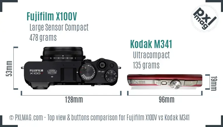 Fujifilm X100V vs Kodak M341 top view buttons comparison