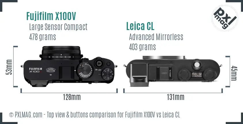 Fujifilm X100V vs Leica CL top view buttons comparison Fujifilm X100V vs Leica CL top view buttons comparison